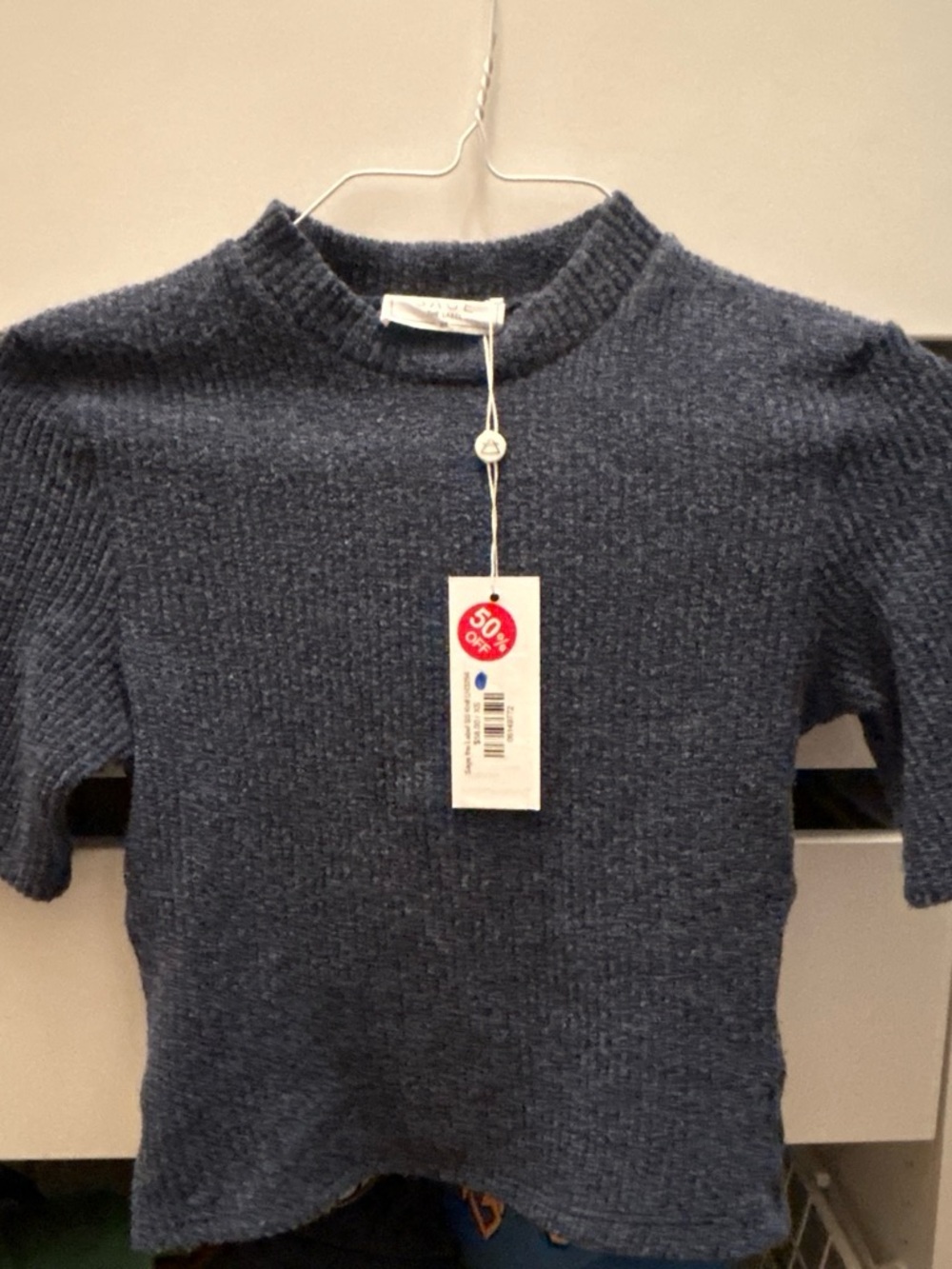 Sage Heathered Navy Short-Sleeve Knit Sweater